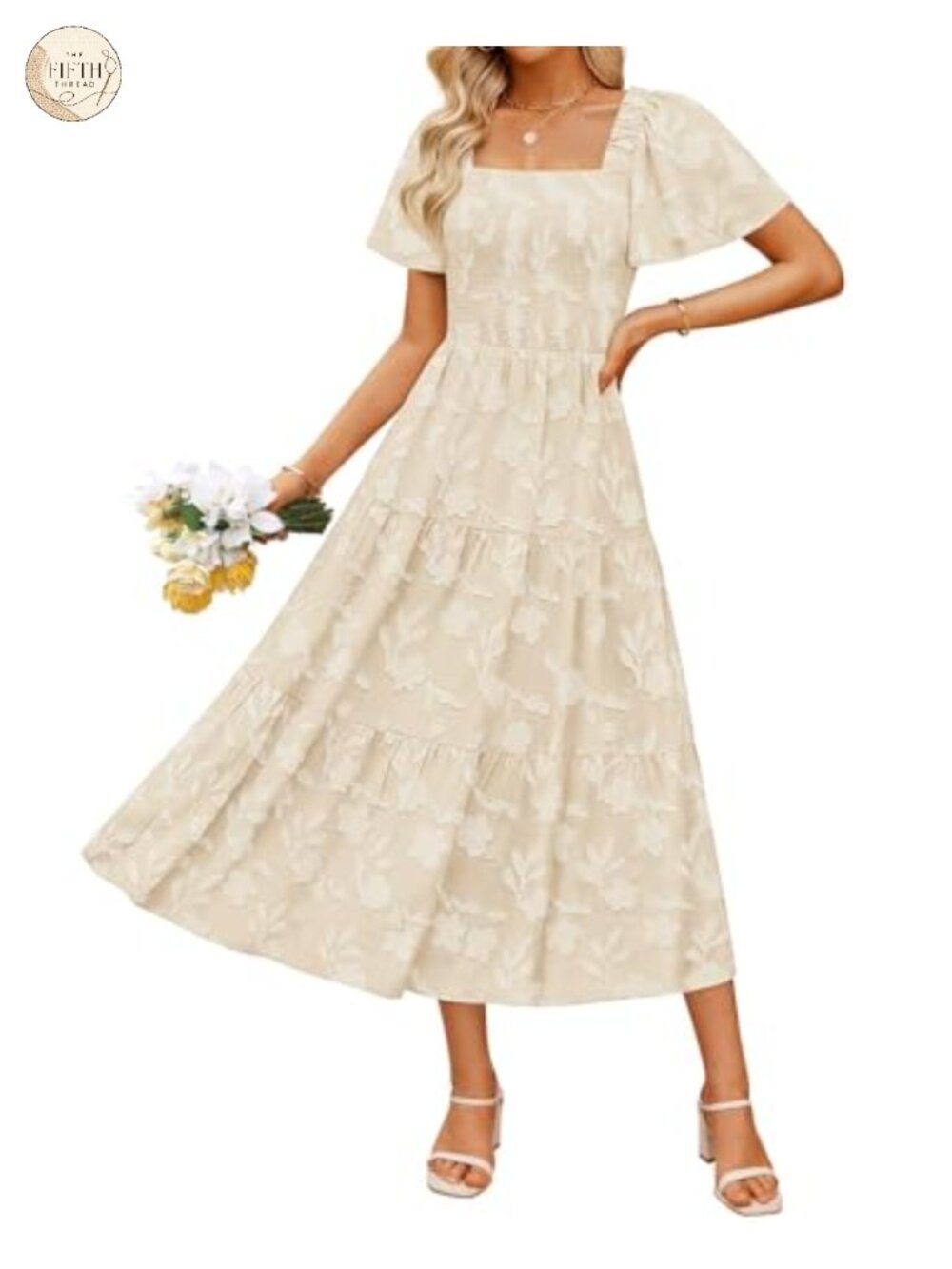 Womens Summer Boho Floral Midi Dress Square Neck Wedding Guest